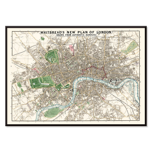 Vintage map of London by J Whitbread titled Whitbreads new plan of London showing streets and parks, with black aluminium frame on white background
