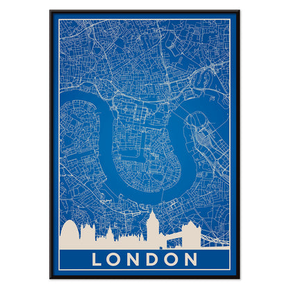 Minimalist London map artwork poster with blue background white map details by artist Anonymous featuring major landmarks, with black aluminium frame on white background