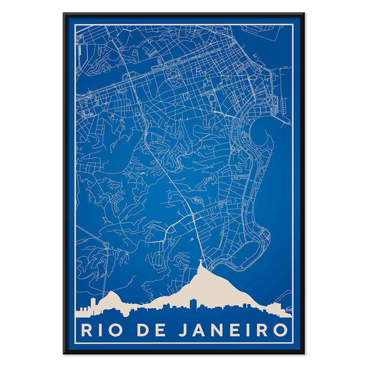 Minimalist blue and white Rio de Janeiro map poster by Moryarty featuring detailed street lines and city skyline silhouette, with black aluminium frame on white background