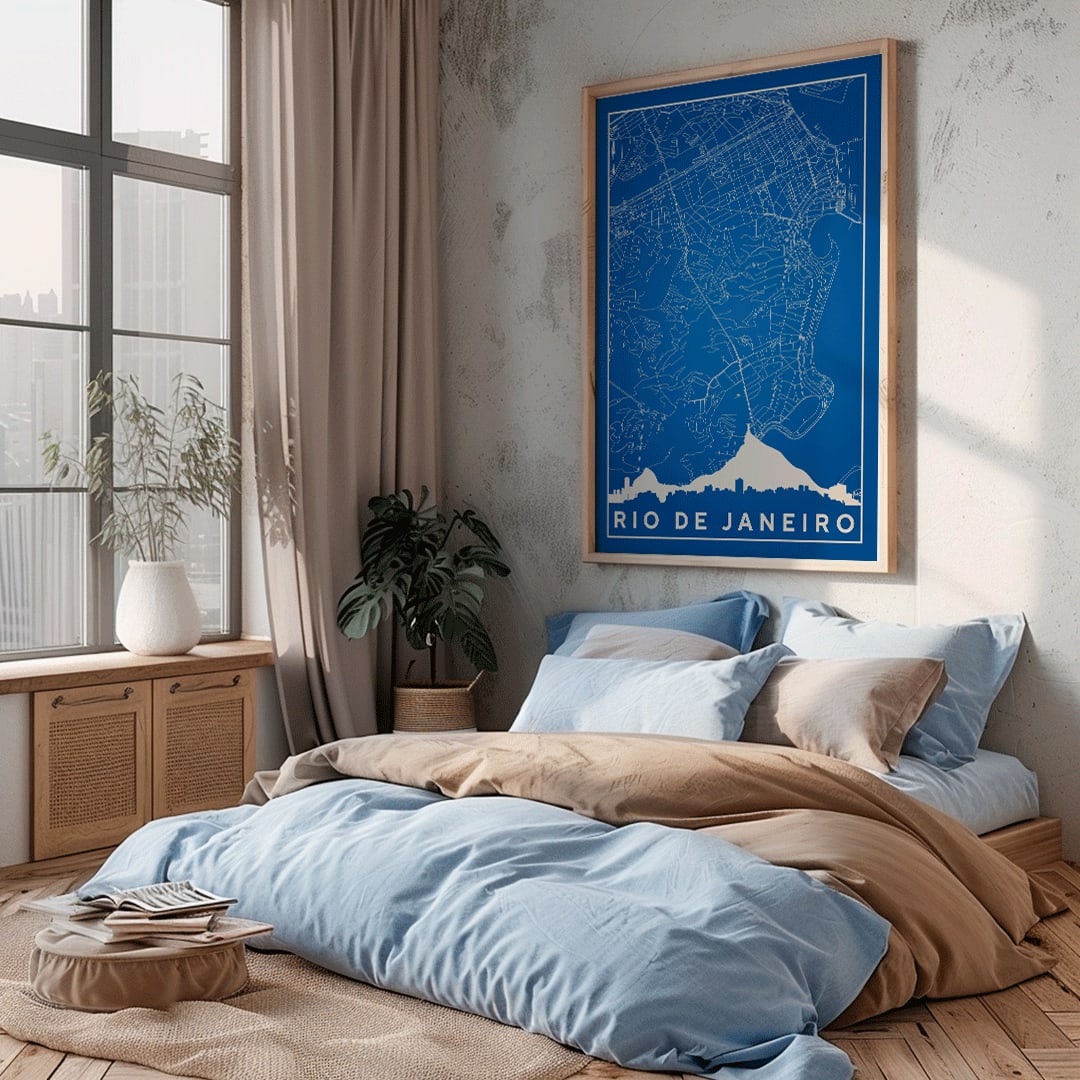 Minimalist blue and white Rio de Janeiro map poster by Moryarty featuring detailed street lines and city skyline silhouette, framed and displayed in home decor