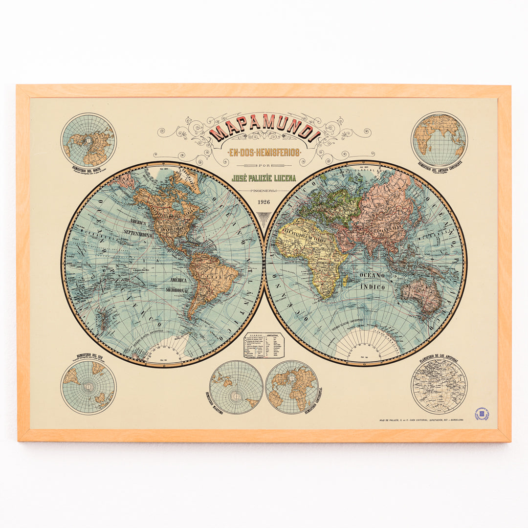 Closeup detail of Vintage world map Mapamundi by Paluzie Lucena Josep showing two hemispheres with detailed geography and geographic features poster