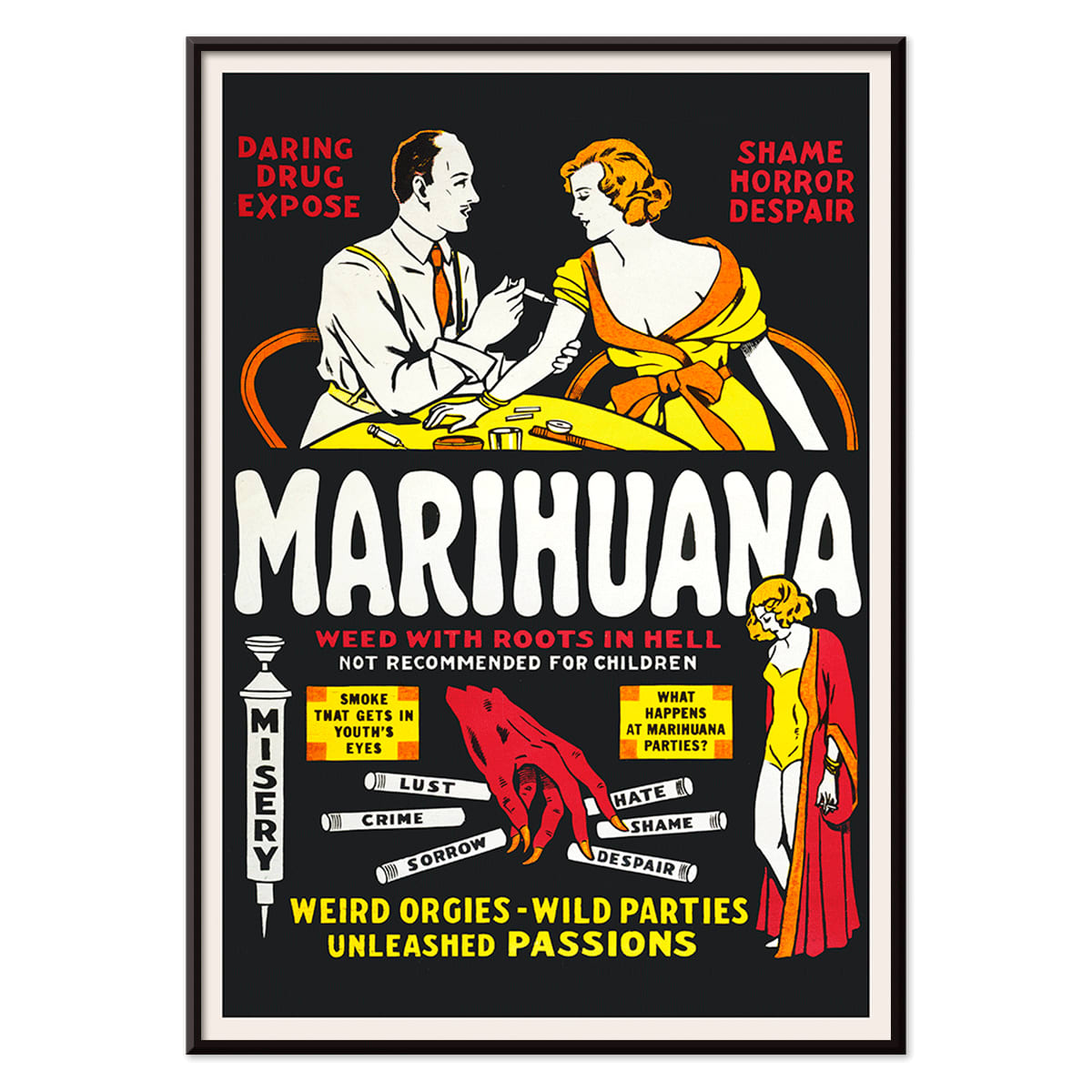Marihuana movie poster with dramatic illustrations cautionary captions and text highlighting the dangers and consequences of marijuana use, with black aluminium frame on white background