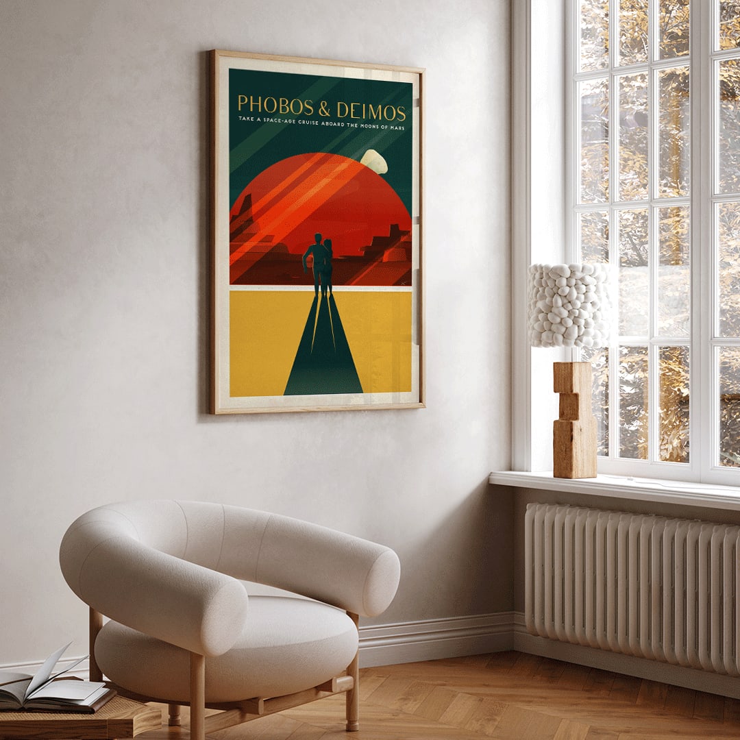 Couple walking toward red Mars landscape with moons Phobos and Deimos by SpaceX in retro style poster, framed and displayed in home decor