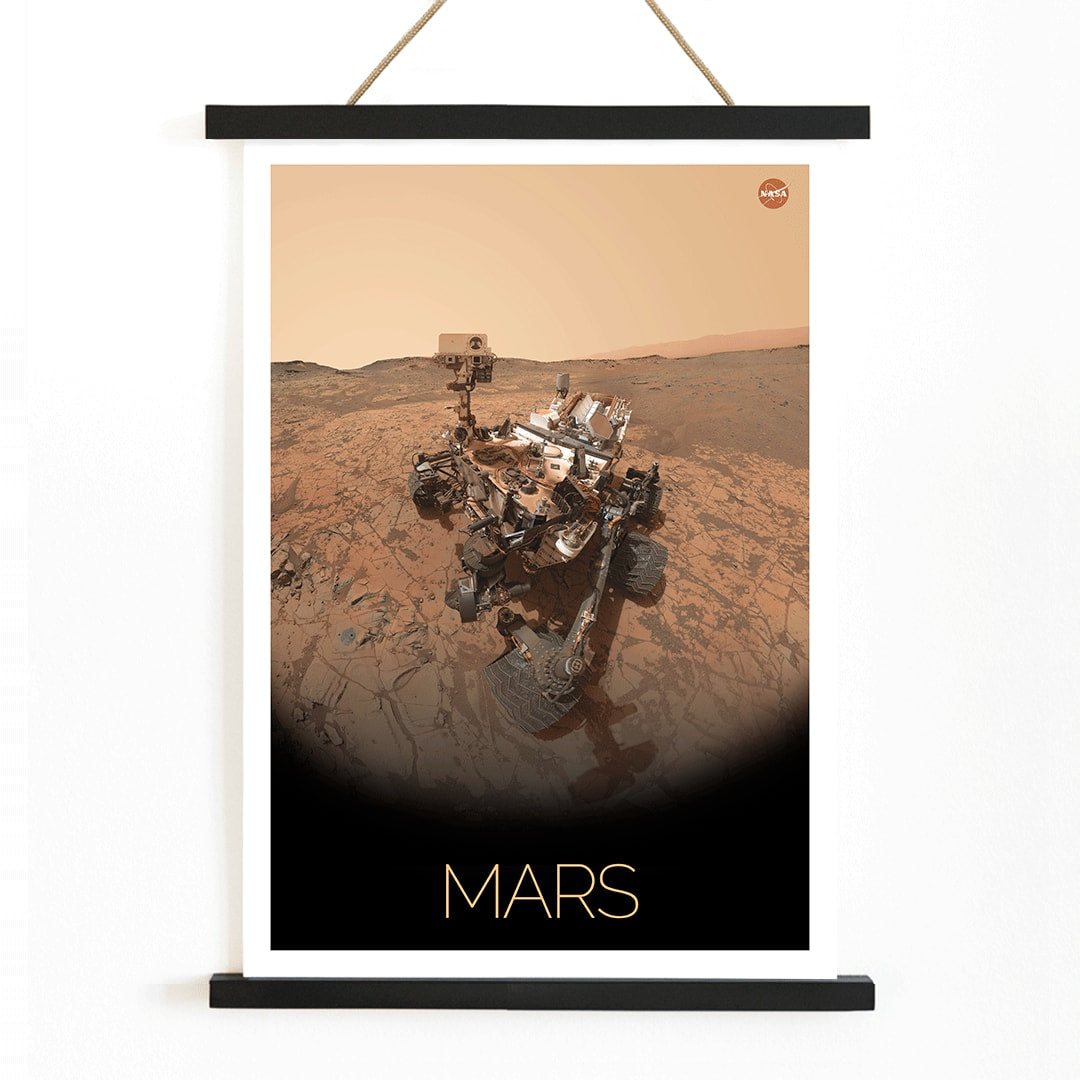 Mars exploration rover by NASA on the Martian surface in the Rover on Mars poster with NASA logo in top right corner, with wooden magnetic frame on white background