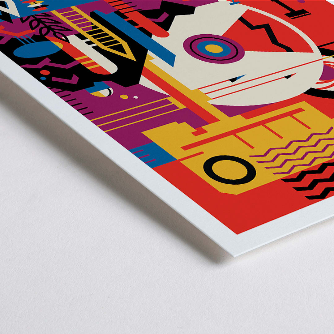 Closeup detail of Colorful NASA Mars travel poster featuring abstract Mars landscape and rover artwork with text Mars Visit the historic sites by NASA