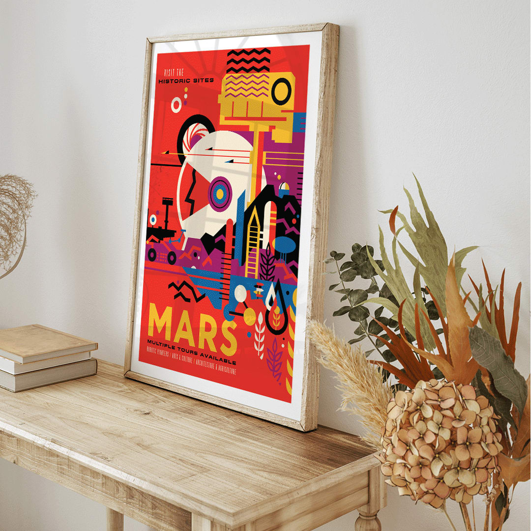 Colorful NASA Mars travel poster featuring abstract Mars landscape and rover artwork with text Mars Visit the historic sites by NASA, framed and displayed in home decor