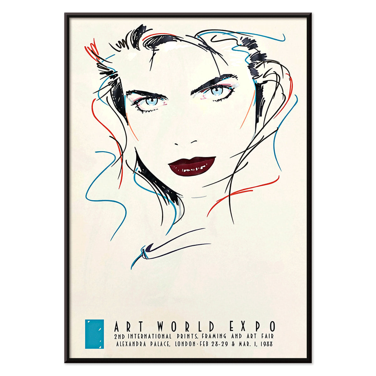 Metropolis Julie female portrait by Dennis Mukai colorful abstract lines bold lips poster at Art World Expo, with black aluminium frame on white background