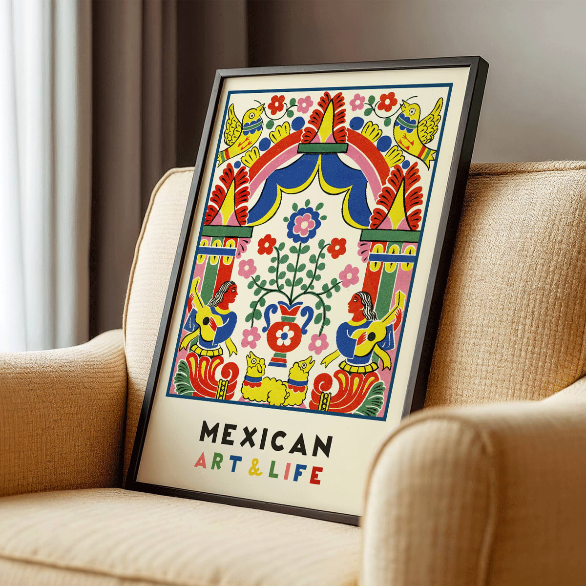 Colorful Mexican folk art illustration and poster featuring vibrant birds musicians flowers and patterns from Mexican Art and Life, framed and displayed in modern living room decor