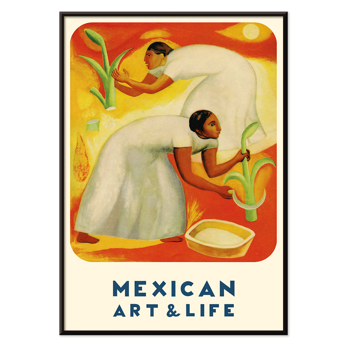 Diego Rivera painting of two women in white dresses harvesting crops in a vibrant orange and yellow field Mexican Art and Life magazine cover poster, with black aluminium frame on white background