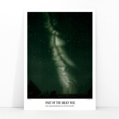 Starry night sky with the Milky Way by E L Trouvelot poster titled Part of the Milky Way, framed and displayed in modern living room decor