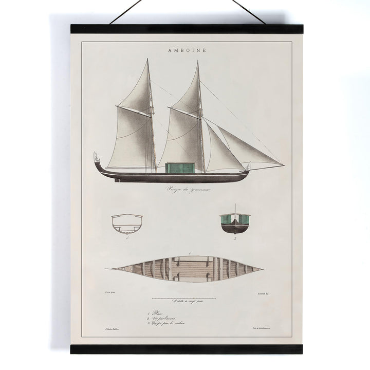 Amboine by J Tastu minimalist sailing ship poster with detailed hull and sail diagrams in soft beige tones, with wooden magnetic frame on white background