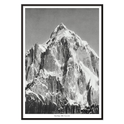 Mount Paitju snow-covered mountain and rugged terrain photo and poster by Vittorio Sella vue prise du Baltoro, with black aluminium frame on white background