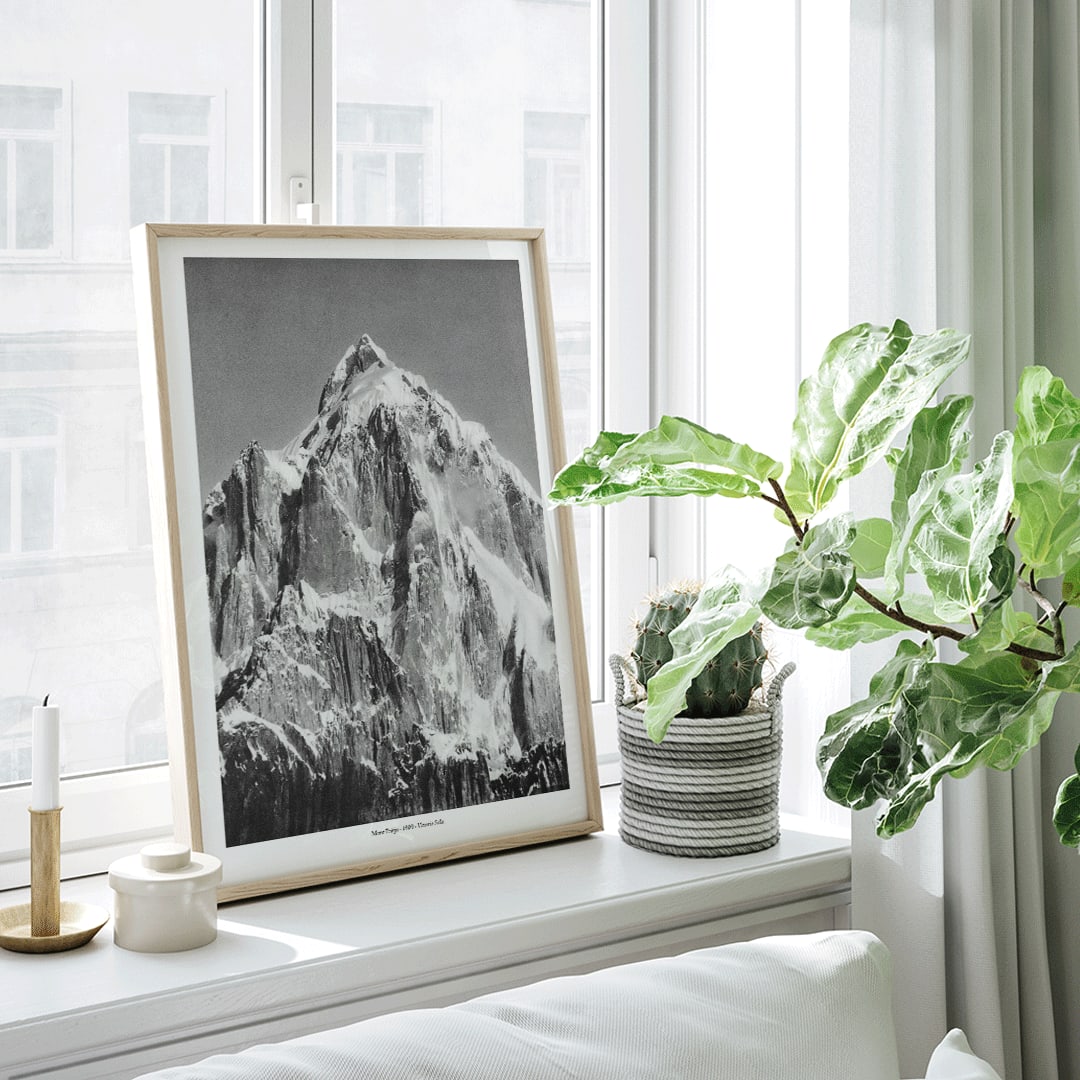 Mount Paitju snow-covered mountain and rugged terrain photo and poster by Vittorio Sella vue prise du Baltoro, framed and displayed in home decor