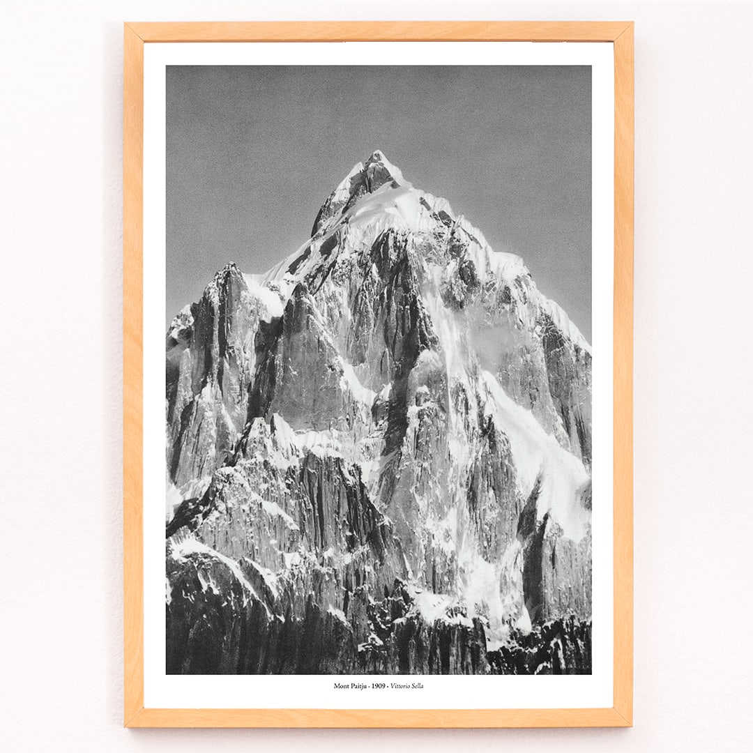 Mount Paitju snow-covered mountain and rugged terrain photo and poster by Vittorio Sella vue prise du Baltoro, framed and displayed in modern living room decor