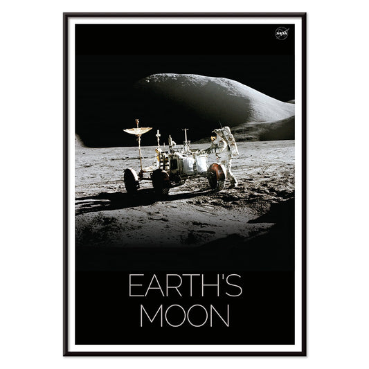 Astronaut beside lunar rover on the moon surface Man on Moon 1 by NASA poster with Earths Moon text, with black aluminium frame on white background