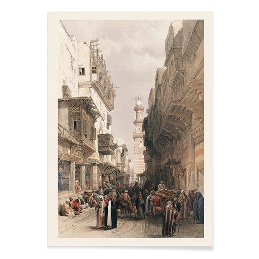 Bustling Cairo street scene with Mosque The Mooristan and people illustrated by David Roberts, with black aluminium frame on white background