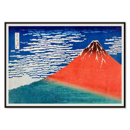 Fine Wind Clear Morning by Katsushika Hokusai poster showing red Mount Fuji under blue sky with white clouds, with black aluminium frame on white background