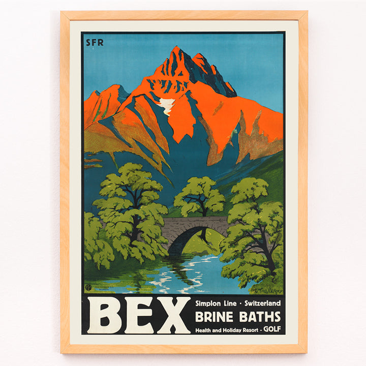 Closeup detail of Colorful vintage Swiss mountain landscape with stone bridge and river artwork Bex Brine Baths by Aime Felix Nicollerat