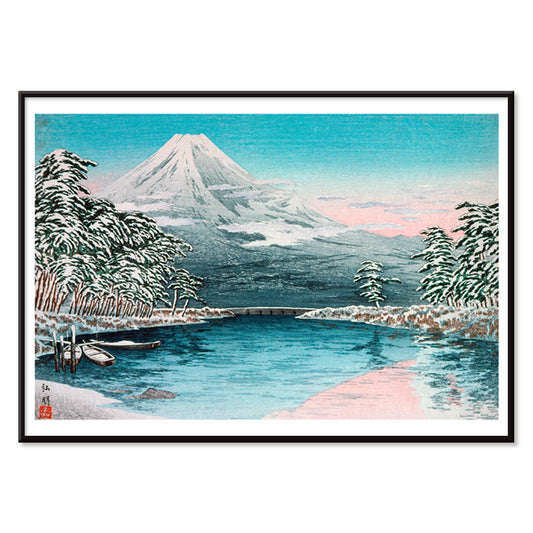 Snow covered Mount Fuji with river trees tranquil lake boats and pine trees Mt Fuji from Tagonoura by Takahashi Hiroaki Japanese landscape art, with black aluminium frame on white background