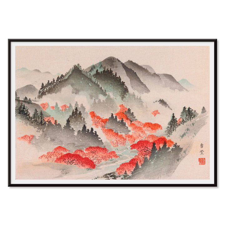Heian meisho Japanese landscape poster with misty mountains vibrant autumn foliage and red trees in traditional painting style, with black aluminium frame on white background