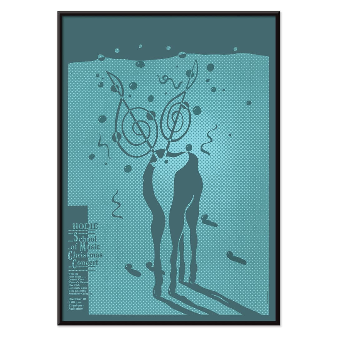 Poster for Hodie School of Music Christmas concert by Lanny Sommese featuring abstract figures with musical notes on a teal background, with black aluminium frame on white background