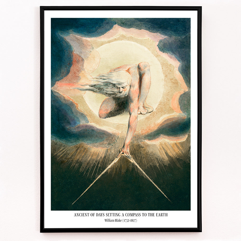 Closeup detail of Mystical figure with flowing hair setting a compass to the earth in Ancient of Days by William Blake poster