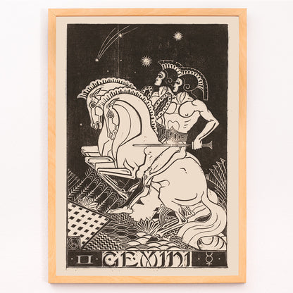 Closeup detail of Gemini zodiac artwork by Henri van der Stok featuring two figures with chariot and horses under stars detailed black and white illustration