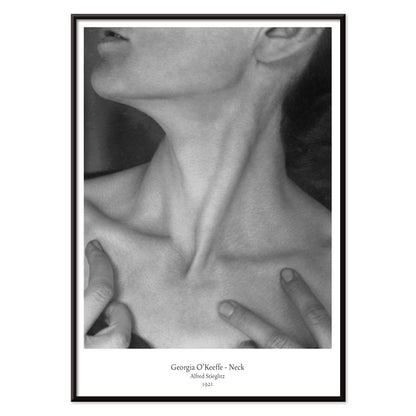 Black and white portrait of Georgia O Keeffe neck and hands by Alfred Stieglitz wall art poster photography decor, with black aluminium frame on white background