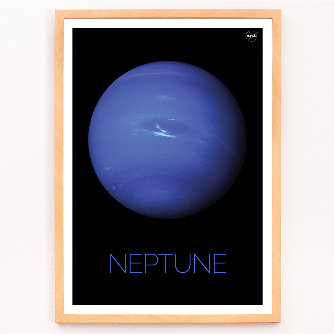 NASA poster of Neptune showing a detailed blue planet against a black background with the title Neptune at the bottom, framed and displayed in modern living room decor