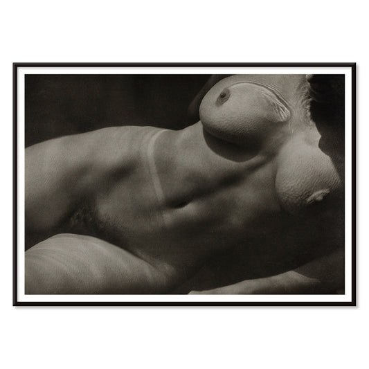 Black and white artistic photograph of reclining nude female torso Rebecca Salsbury Strand by Alfred Stieglitz, with black aluminium frame on white background