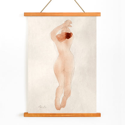 Watercolor sketch and poster of nude woman with red hair arms raised titled Caresse moi donc cheri by Auguste Rodin, with wooden magnetic frame on white background