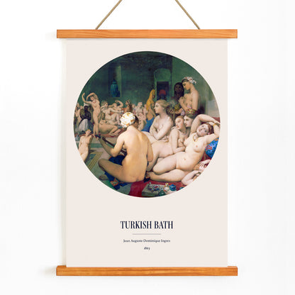 Poster of The Turkish Bath by Jean Auguste Dominique Ingres showing nude women lounging in a luxurious bathhouse setting, with wooden magnetic frame on white background