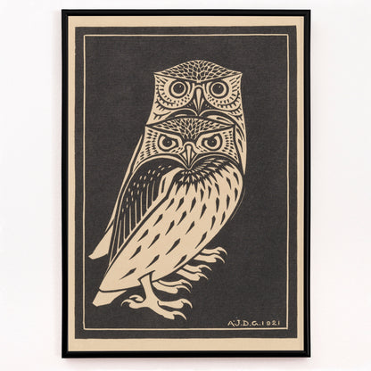 Closeup detail of Stylized black and white owls artwork by Julie de Graag titled Two black and white owls illustration and poster