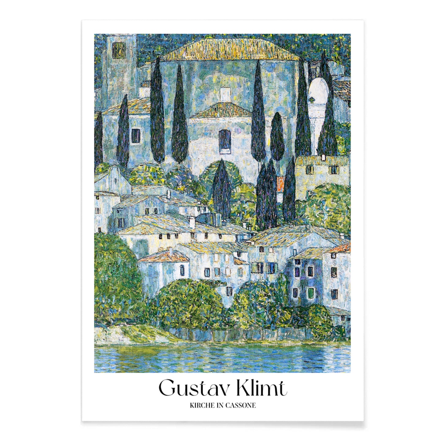 Kirche in Cassone by Gustav Klimt colorful village and church landscape painting poster with trees and buildings reflected in water, with black aluminium frame on white background