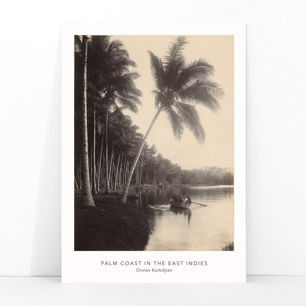 Palm trees and rowboat on river scenic landscape Palm Coast East Indies artwork by Onnes Kurkdjian poster, framed and displayed in modern living room decor