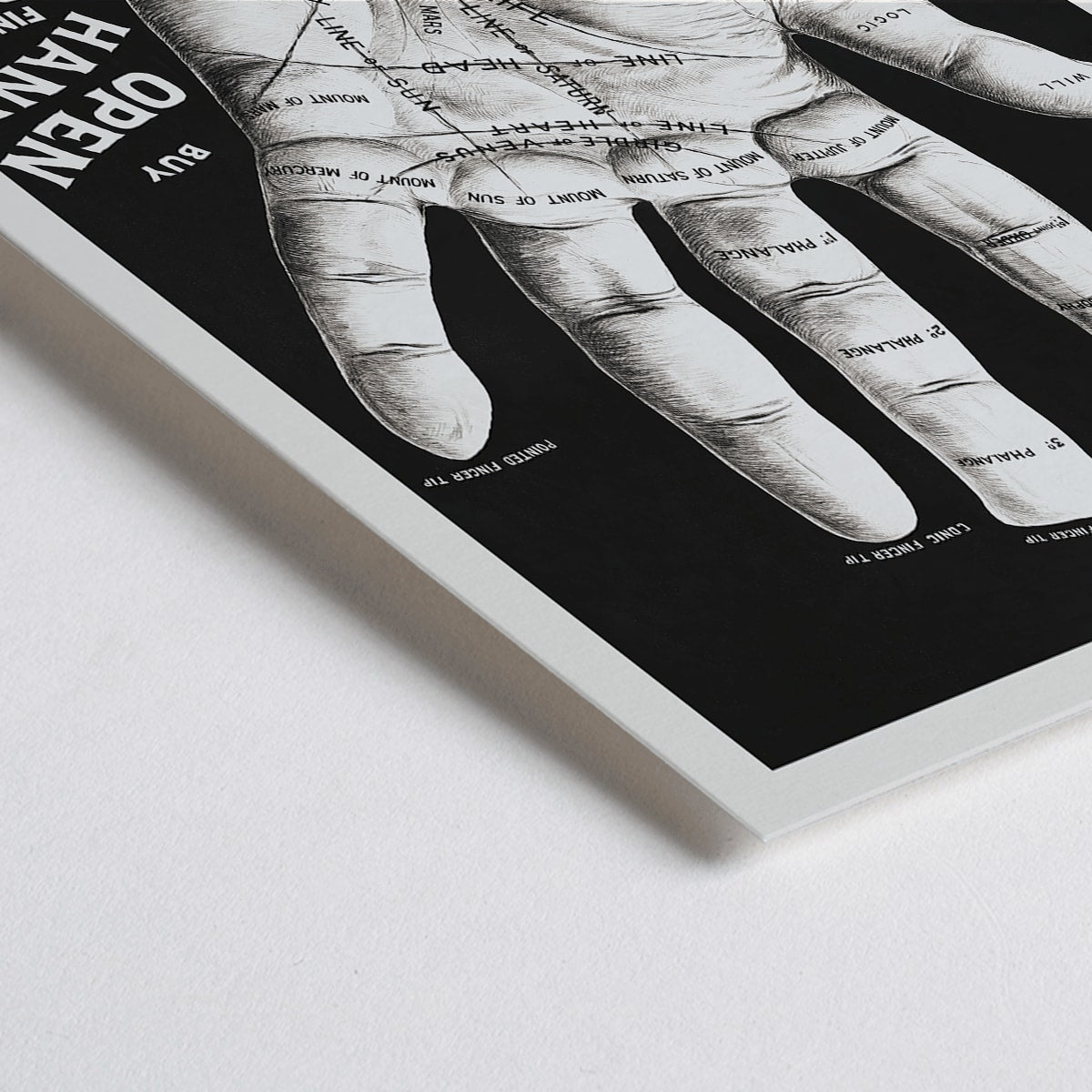 Closeup detail of Palm reading diagram and detailed palm poster with labeled lines and mounts artwork titled Open hand by R J Millock and J Halleck