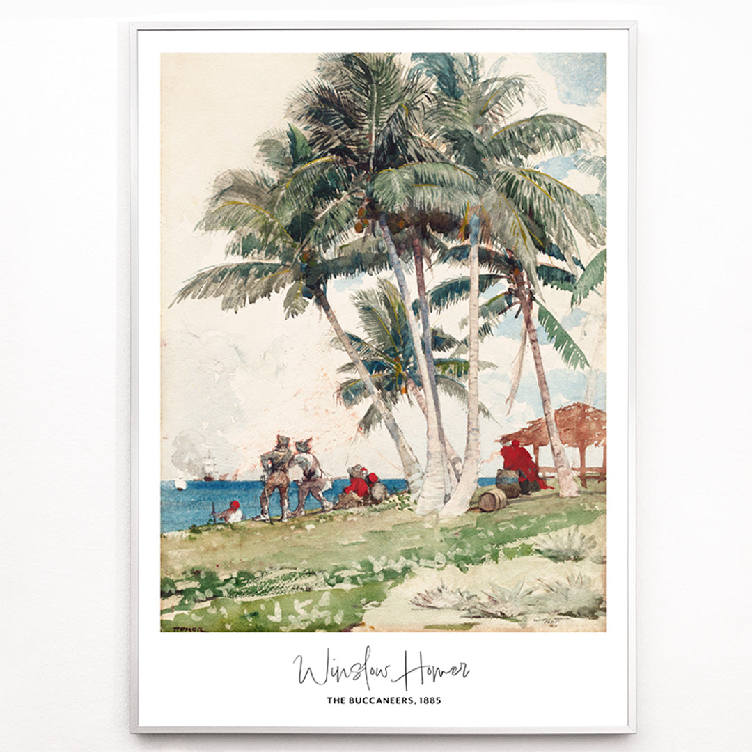 Closeup detail of The Buccaneers by Winslow Homer poster featuring pirates under palm trees on a tropical beach with a ship in the background