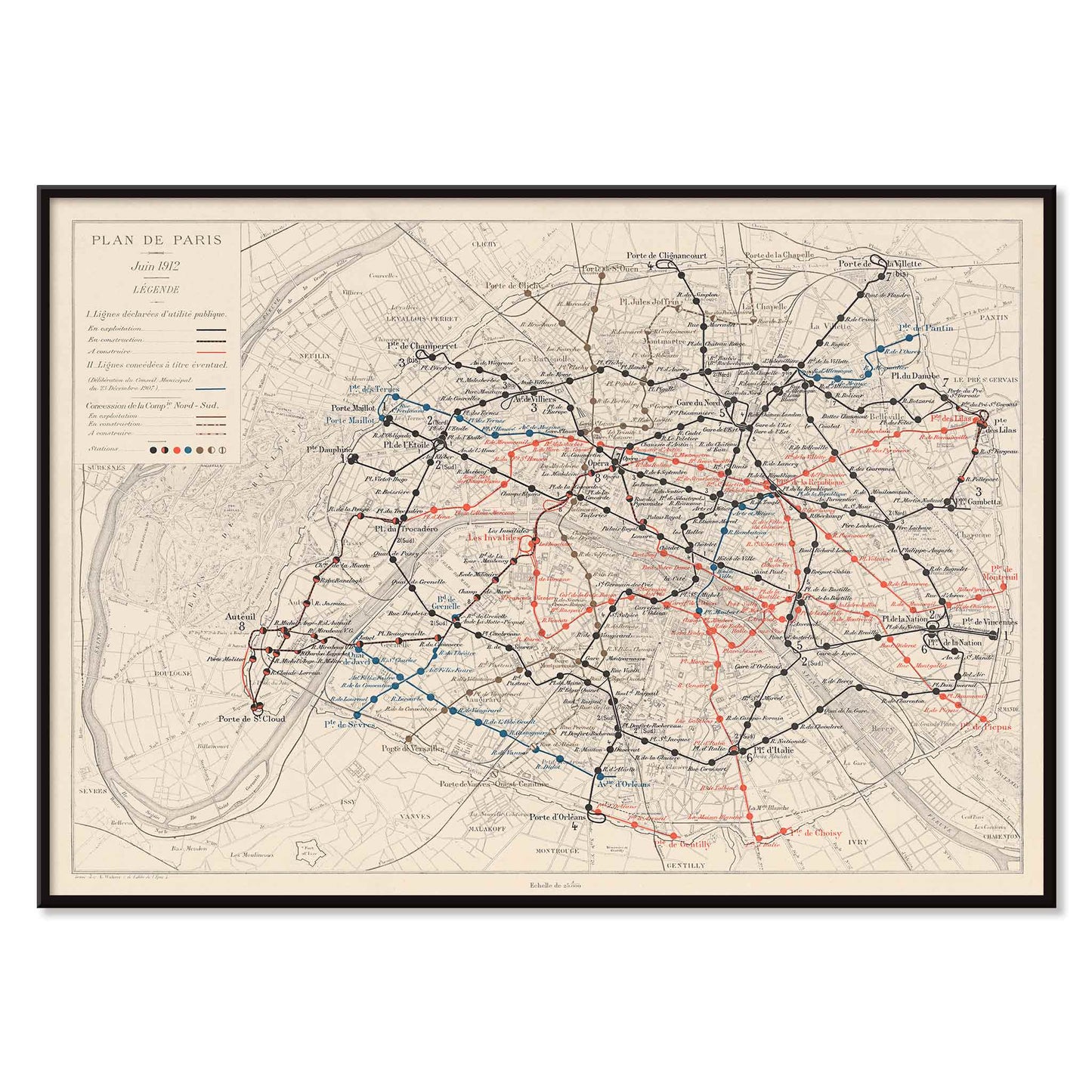 Louis Wuhrer Paris metro map poster vintage city plan with black and red rail lines, with black aluminium frame on white background