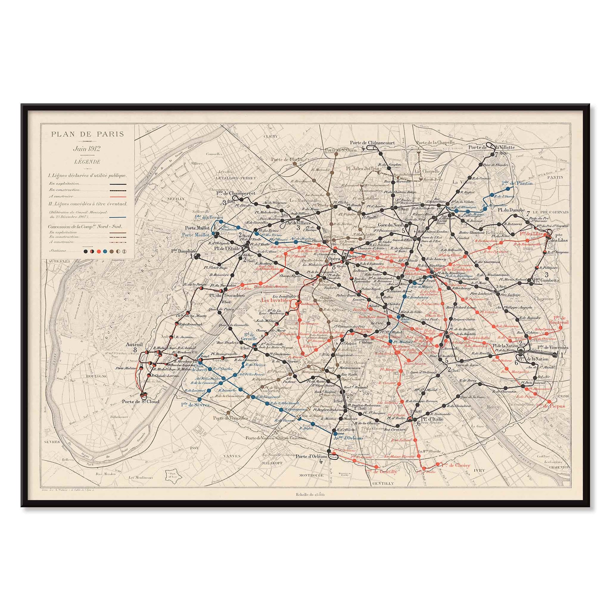 Louis Wuhrer Paris metro map poster vintage city plan with black and red rail lines, with black aluminium frame on white background