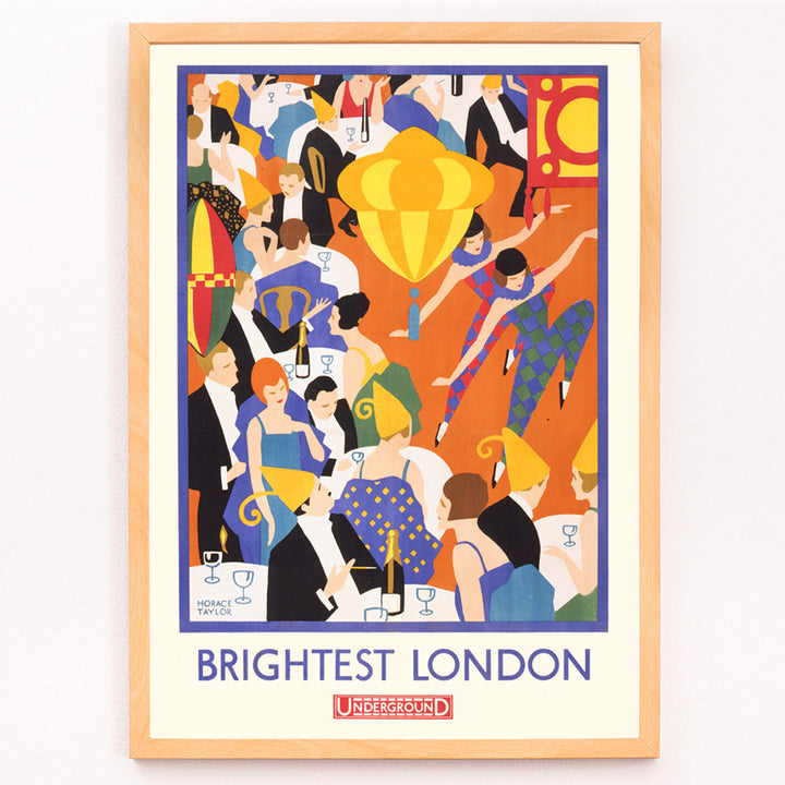 Closeup detail of Colorful lively party scene with elegantly dressed dancing couples by Horace Taylor titled Brightest London and home by Underground poster