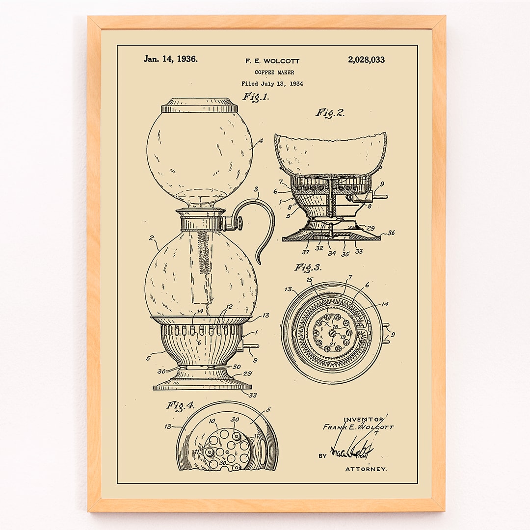 Vintage patent drawing and blueprint poster of Coffee Maker by F E Wolcott featuring detailed diagrams, framed and displayed in modern living room decor