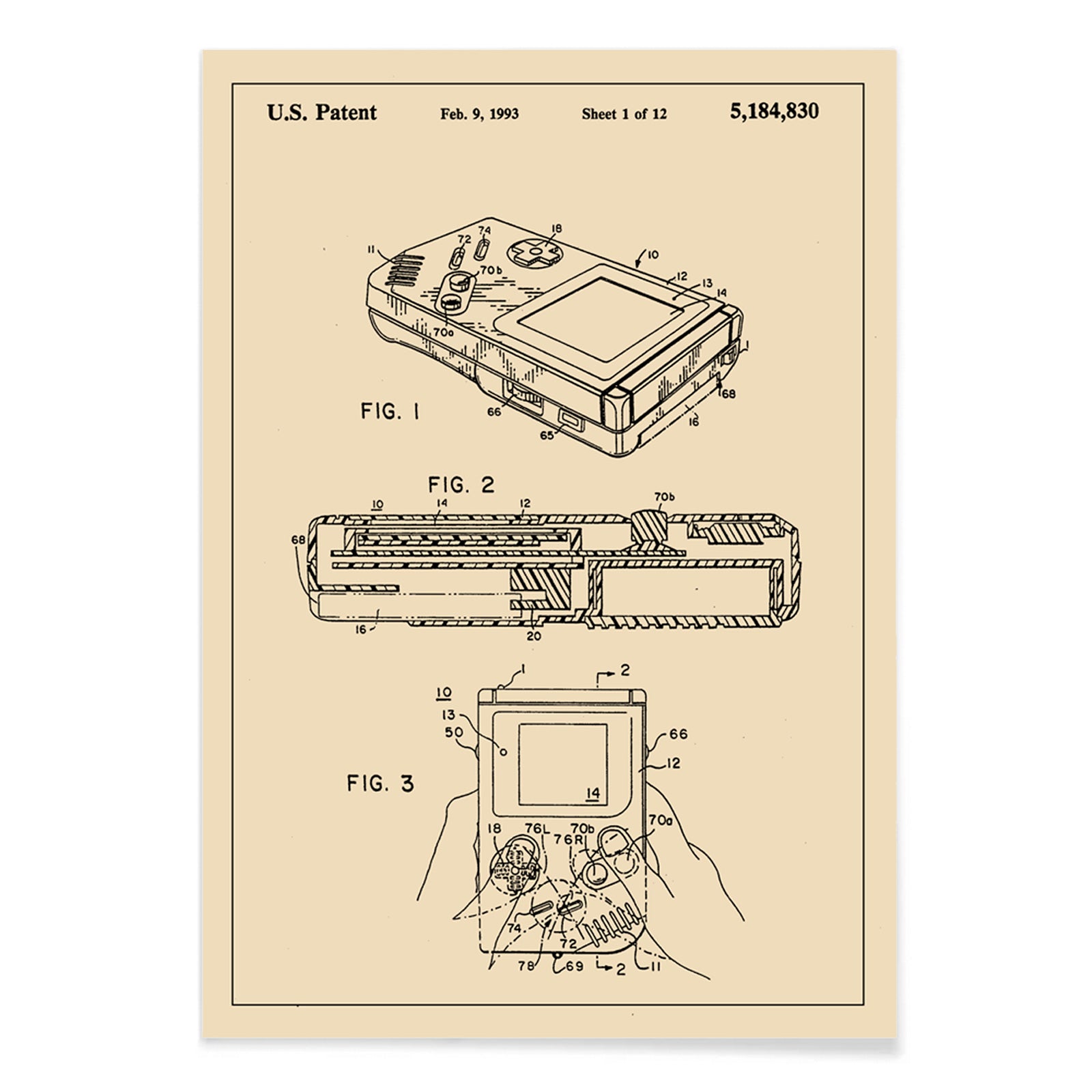 Gameboy Patent technical drawing and poster artwork by Nintendo ideal for gaming decor and collectors, with black aluminium frame on white background