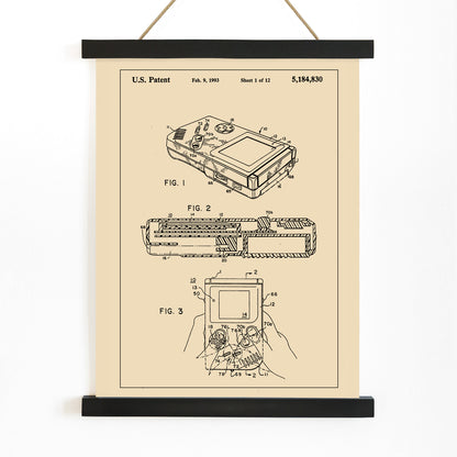 Gameboy Patent technical drawing and poster artwork by Nintendo ideal for gaming decor and collectors, with wooden magnetic frame on white background