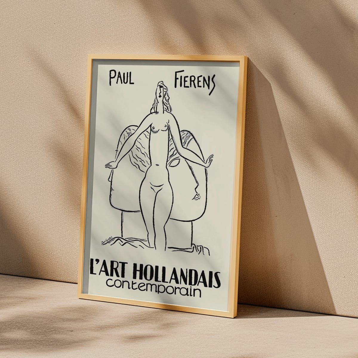 Black and white illustration poster of a nude woman and drawing of a nude figure by Paul Fierens in contemporary Dutch art from L Art Hollandais contemporain, framed and displayed in modern living room decor