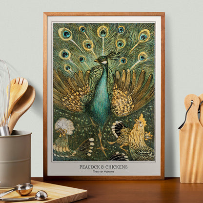 Colorful peacock and chickens artwork vibrant poster by Theo van Hoytema featuring peacock with spread feathers and chickens from Peacock and Chickens, framed and displayed in home decor