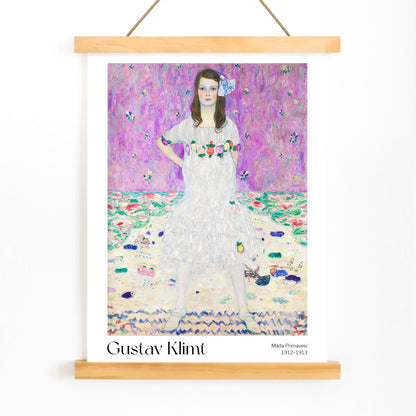 Mada Primavesi by Gustav Klimt poster featuring a young girl in a white dress with a colorful floral background, with wooden magnetic frame on white background