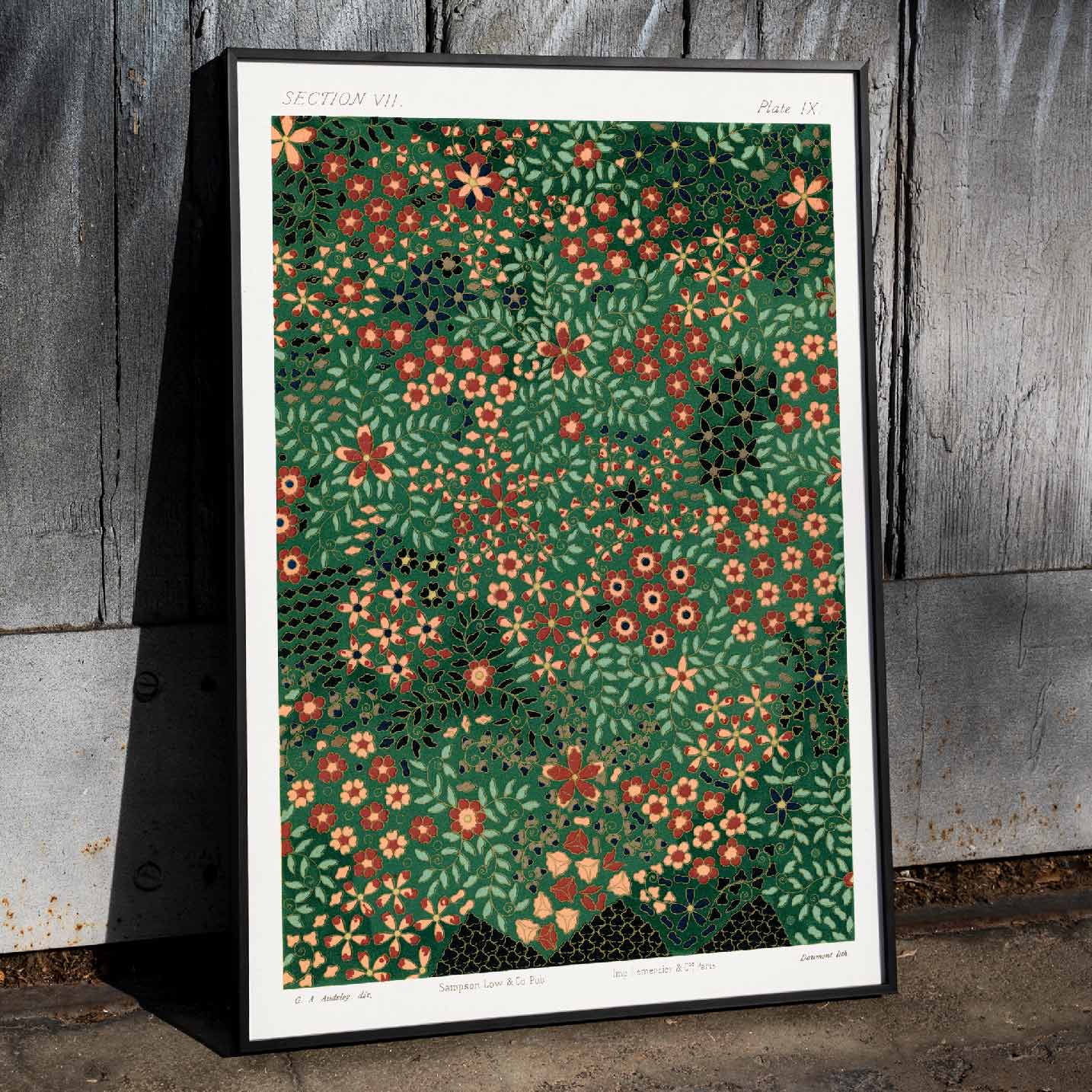 Floral pattern artwork poster by GA Audsley from The Ornamental Arts Of Japan featuring intricate vibrant green and red designs, framed and displayed in home decor