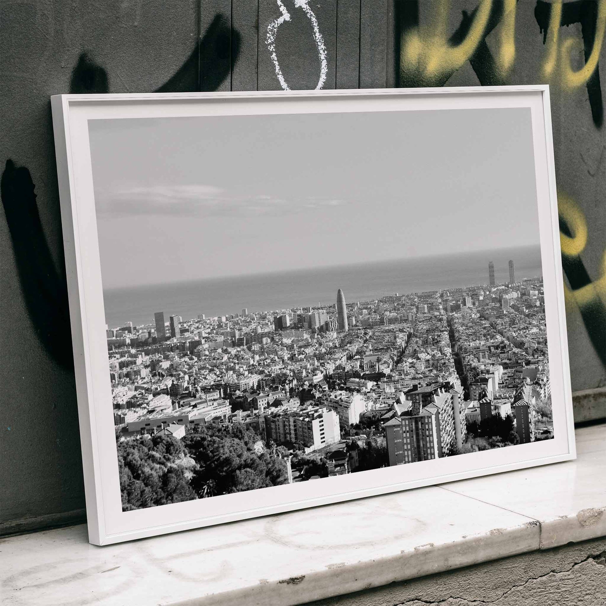 Black and white cityscape photography artwork of Barcelona with sea by Gustav Klimt and Anonymous titled View of Barcelona, framed and displayed in home decor
