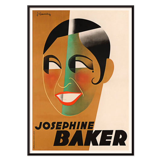 Art Deco poster of Josephine Baker by J Chassaing featuring bold geometric shapes and modern colorful style, with black aluminium frame on white background