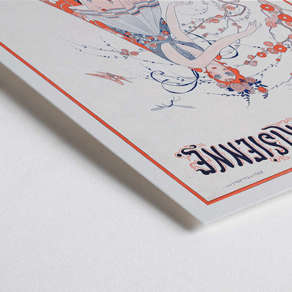 Closeup detail of Elegant Art Deco poster of a woman in a floral dress standing by a blossoming tree La Vie Parisienne by Umberto Brunelleschi